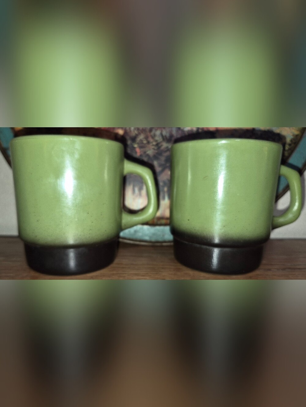 2 Vintage Anchor Hocking Fire-King stacking coffee mugs, avocado green & Black
